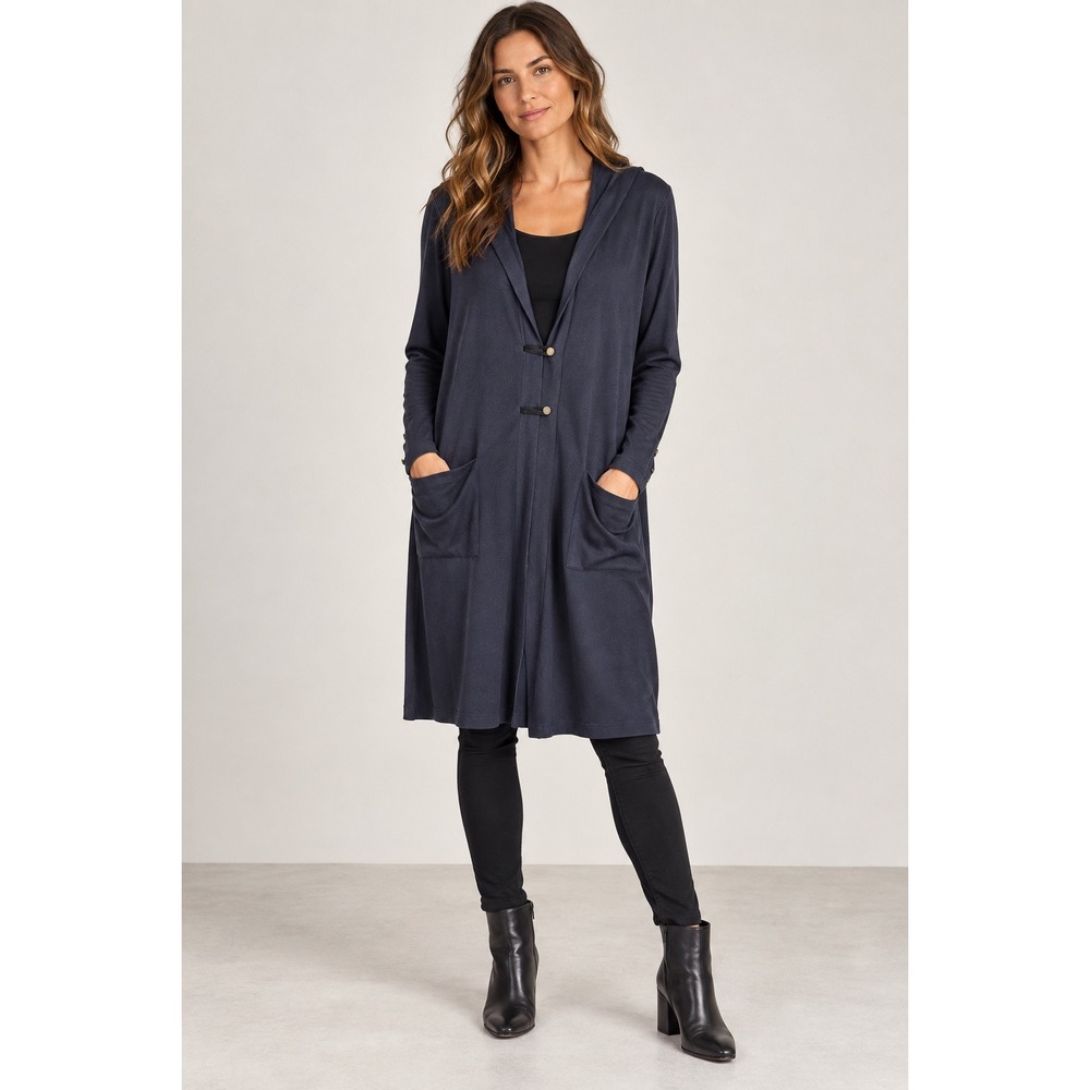 Raffi Hooded Duster Cardigan Womens M Navy Blue Longline Cotton Knit